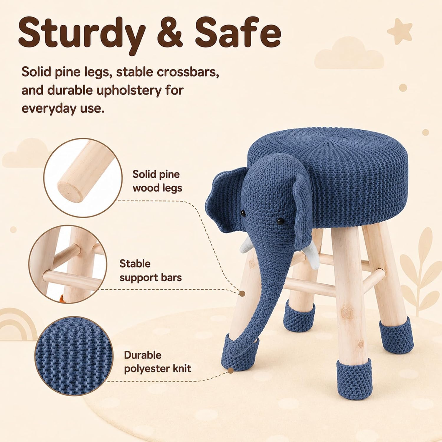 Anwick Cute Elephant Ottoman Stool, Animal Upholstered Footstool with Solid Wood Legs, Portable Padded Small Seat for Bedroom Nursery Playroom Entryway Living Room (Blue)