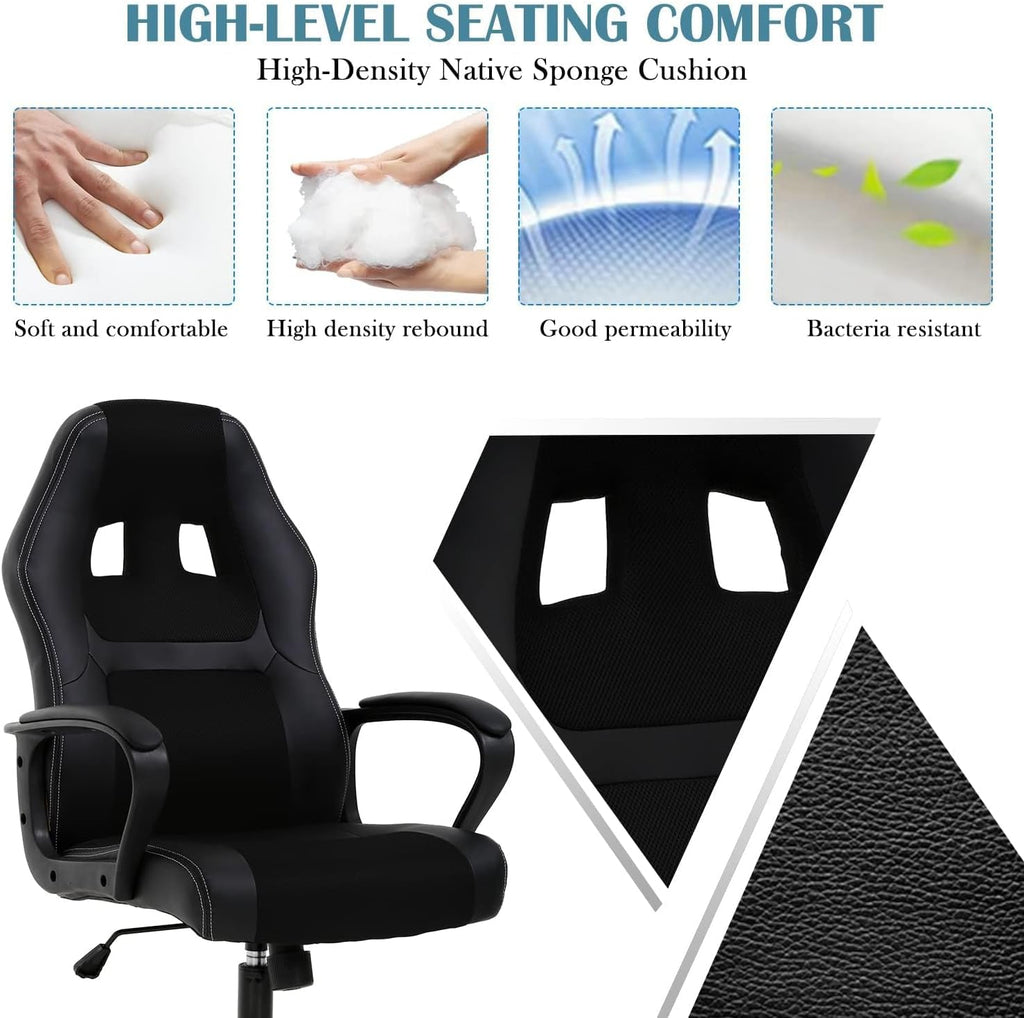 Executive PC Gaming Chair with Lumbar Support & Headrest - Ergonomic Leather Racer Task Chair for Home Office Gaming Room - Heavy Duty & Comfortable (Black)