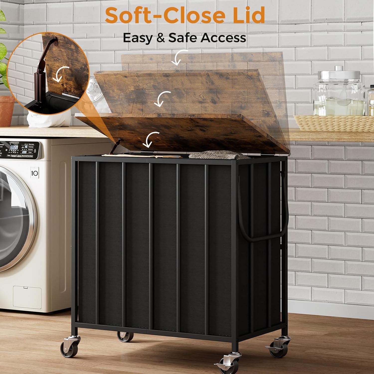 120L Laundry Hamper with Wheels and Lid, Rolling Laundry Basket with Dual Removable Liners, Soft-Close Flip-Top Wooden Lid, Metal Handles, Clothes Organizer for Bedroom and Laundry Room