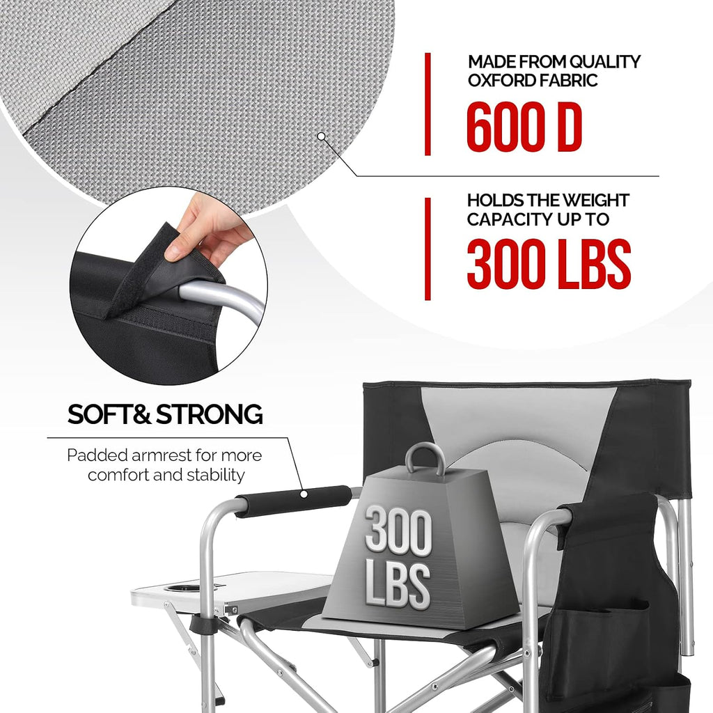 mefeir Tall Camping Chair Makeup Artist Director Chair 26" Counter Height, Portable Folding Design with Side Table, Cup Holder & Side Storage Bag, Heavy-Duty Iron Frame (300 lbs Capacity)