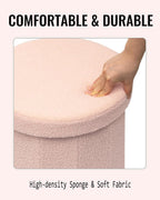 Round Boucle Storage Ottoman, 15" Small Upholstered Footstool with Storage, Compact Teddy Ottoman Footrest for Living Room, Bedroom, Dorm, Pink
