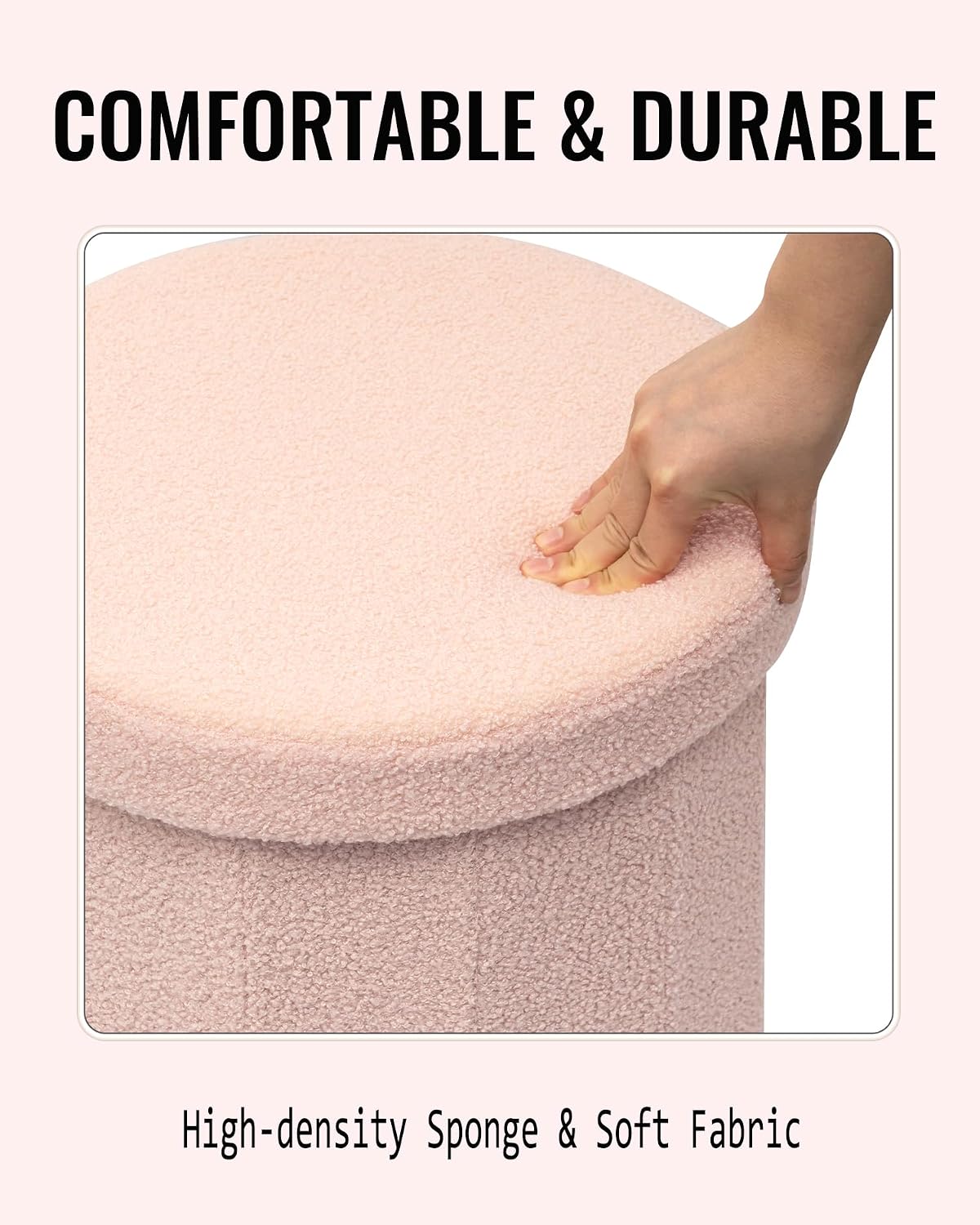 Round Boucle Storage Ottoman, 15" Small Upholstered Footstool with Storage, Compact Teddy Ottoman Footrest for Living Room, Bedroom, Dorm, Pink