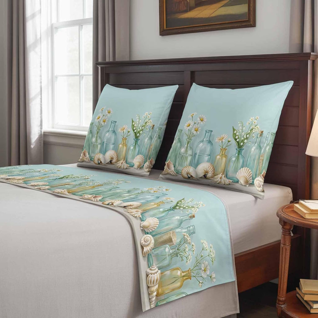 Nautical Conch Shell Bed Runners for Cal King Size Beds Sea Glass Bottles Coastal Floral Bed Scarf Matching Decorative Throw Pillow Covers Hotel Beds End Blanket Towel Bedspread Protection for Bedroom