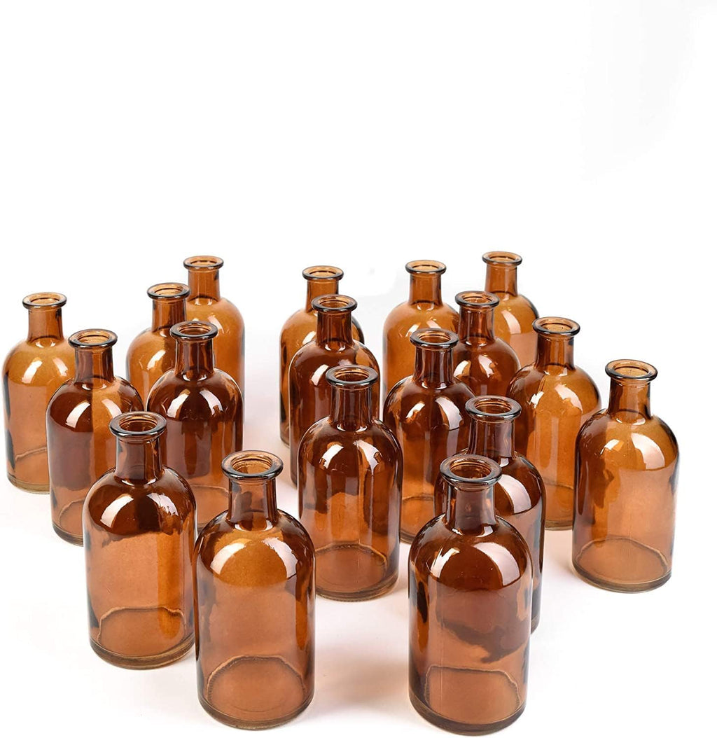 Serene Spaces Living Bud Vases, Apothecary Jars, Decorative Glass Bottles, Centerpiece for Wedding Reception, Mini Flower Vases, Small Medicine Bottles for Home Decor (Amber, Set of 24)