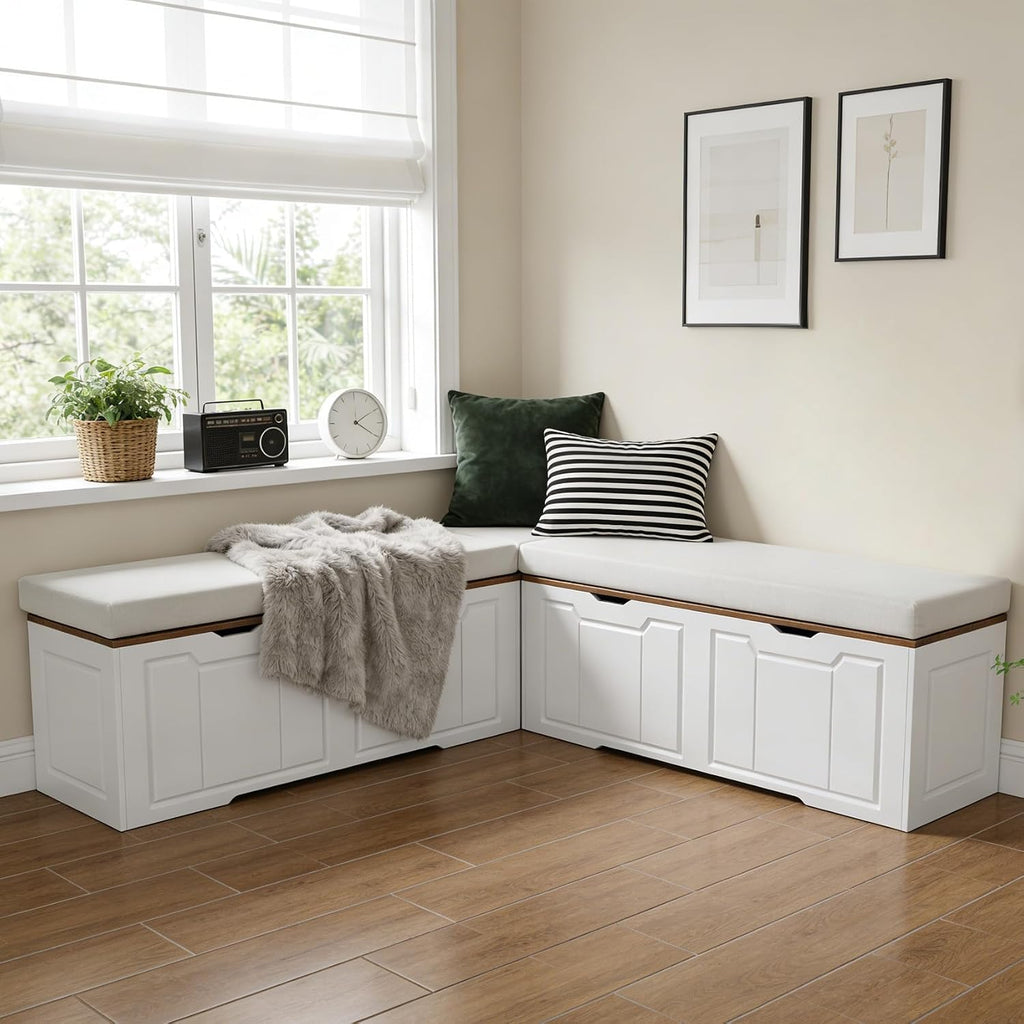 L-Shaped Kitchen Breakfast Nook Bench with Hidden Storage Space, White and Walnut Colors, Backless Wood Corner Bench with Cushion Seat, 63IN x 15.7IN x17.7IN(Two Packages Delivered)