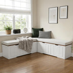 L-Shaped Kitchen Breakfast Nook Bench with Hidden Storage Space, White and Walnut Colors, Backless Wood Corner Bench with Cushion Seat, 63IN x 15.7IN x17.7IN(Two Packages Delivered)