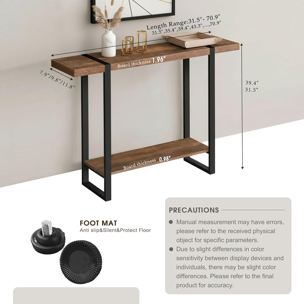 Solid Wood Console Table, 1.96" Thick Top Entryway Table, Narrow Sofa Table Behind Couch, Heavy Duty Industrial Hallway Table with Steel Frame, Rustic Farmhouse