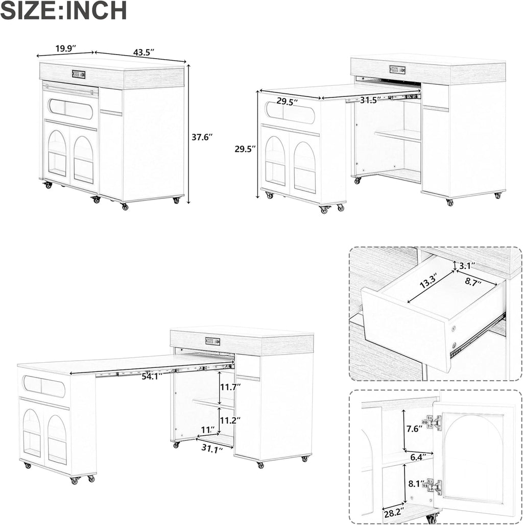 Extendable Dining Table with Extra-Long Folding Top, Rolling Kitchen Island with Storage Cabinet, Drawer, Glass Doors, Power Outlet and Brake Lock, Walnut/Creamy White