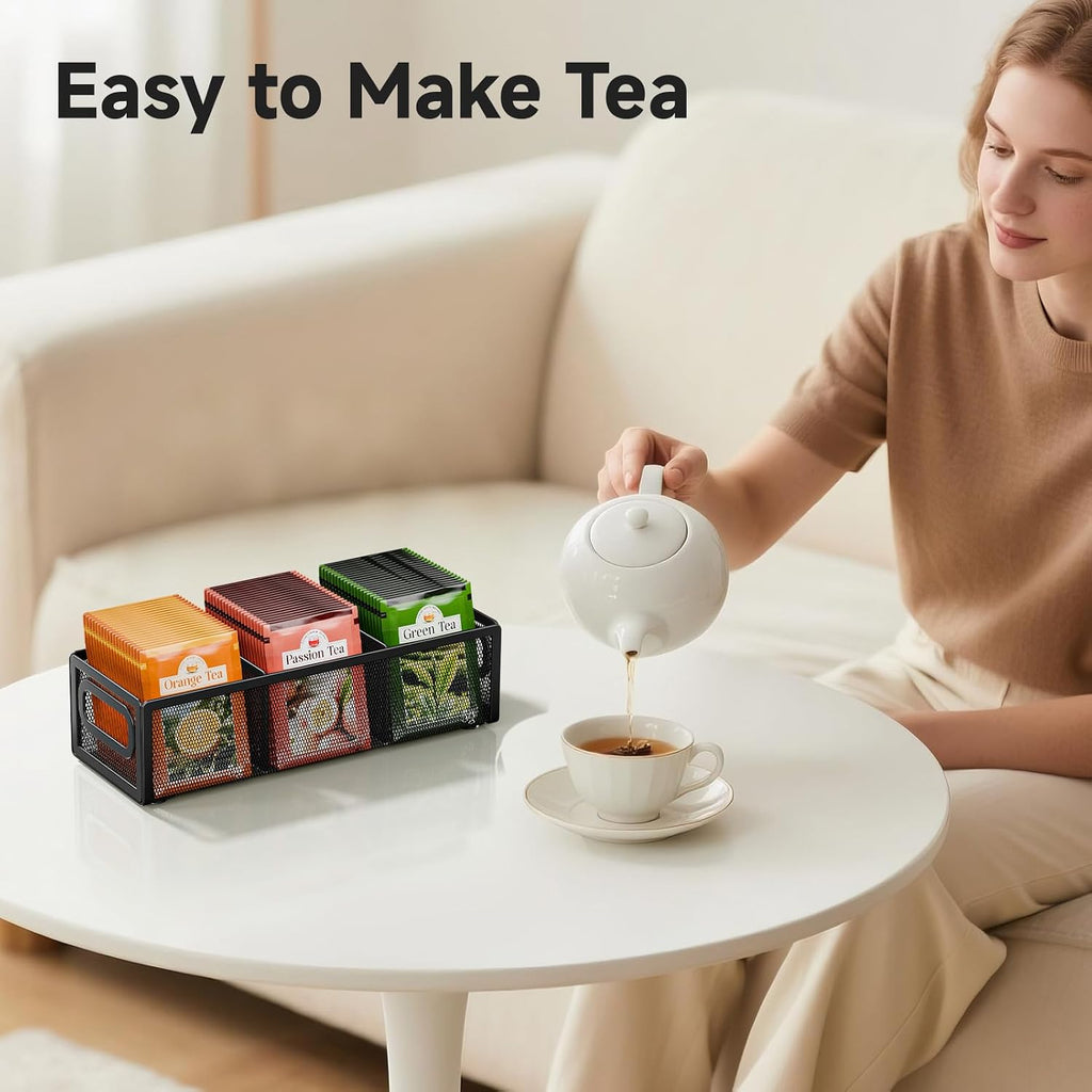Tea Bag Organizer, Mesh Tea Bag Holder with Handle, Teabag Holder, Tea Station Organizer for Countertop, Pantry, Kitchen, Cabinet - Black