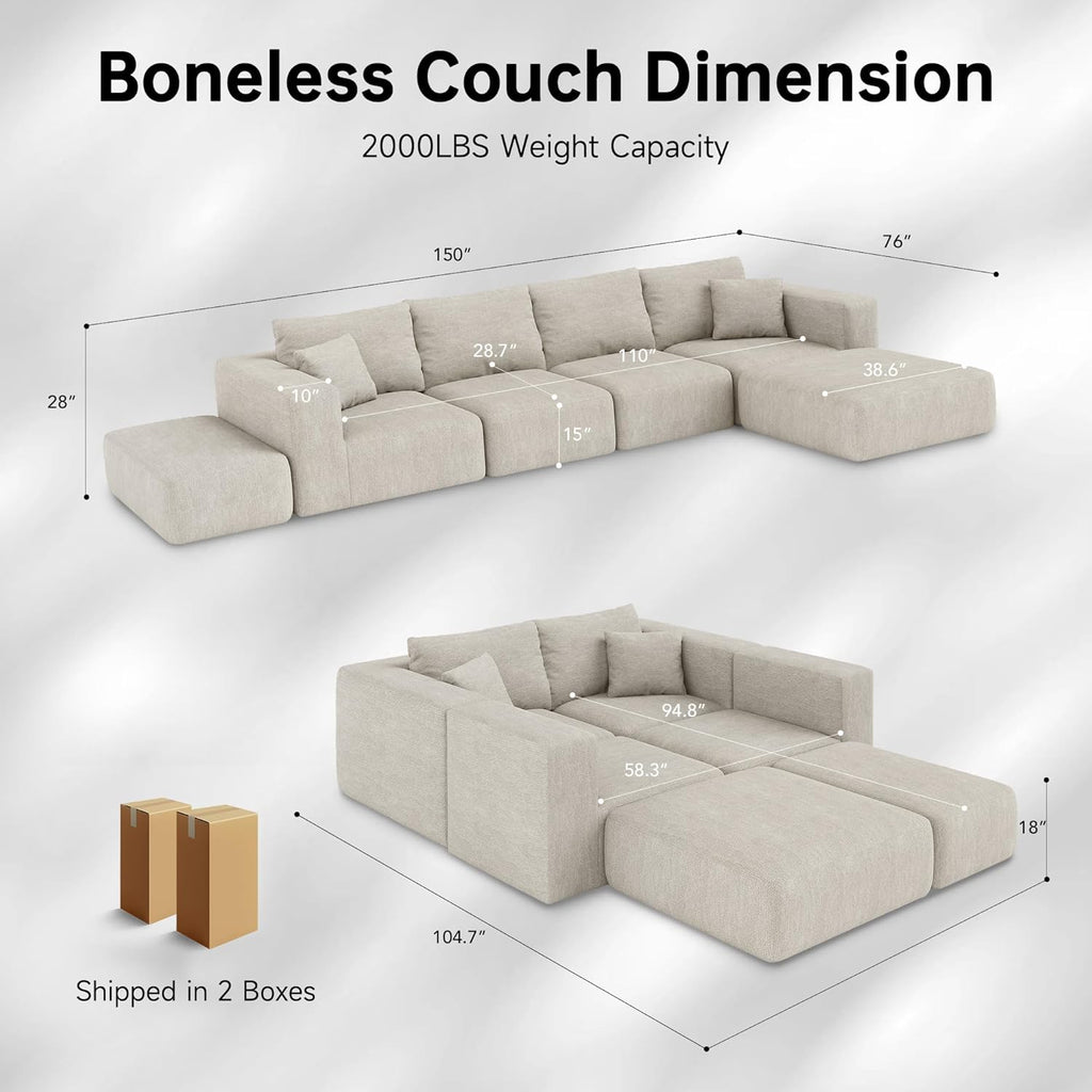 150" Modern Boneless Sectional Couches for Living Room,Oversized Modular Sectional Sofa,Extra Deep 6 Seater,Plush Comfy Cloud Couch with Flexible Layout,No Assembly Required,Beige Chenille