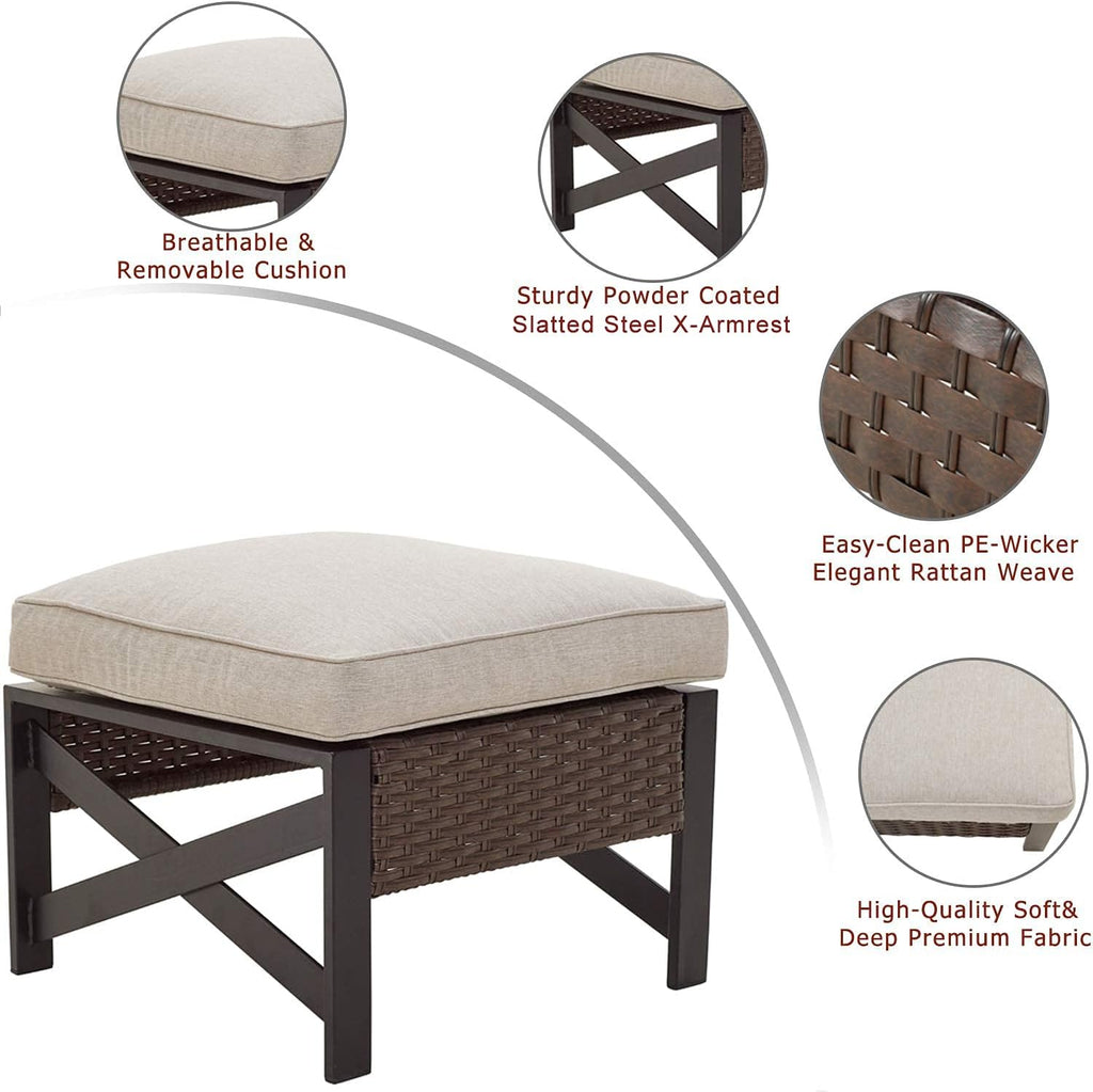 Festival Depot Patio Ottoman Footstool Outdoor Furniture with Wicker Rattan, X Shape Slatted Steel Frame Foot Rest with Premium Fabric Soft Cushion Square for Garden Yard Lawn All-Weather