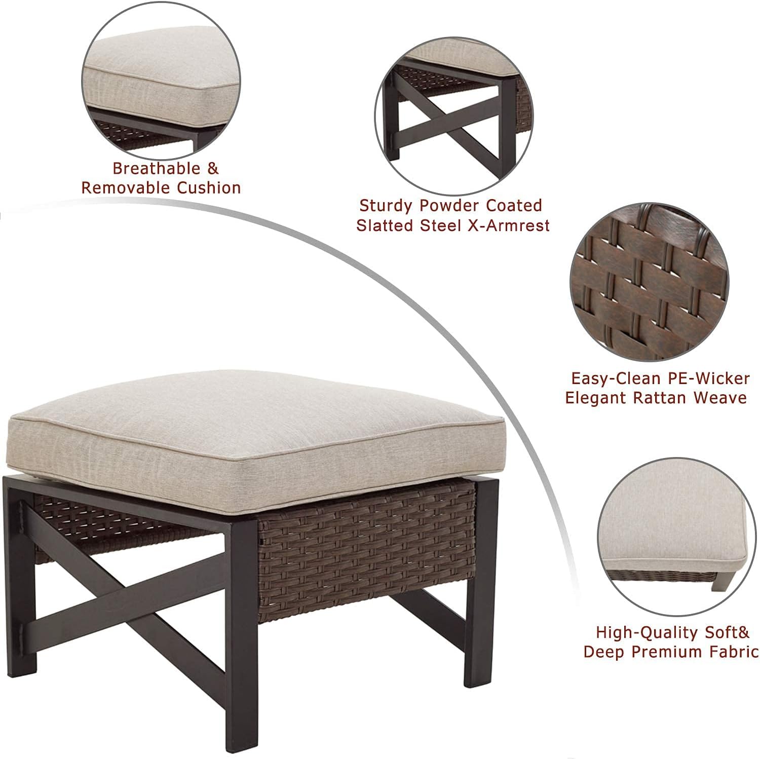 Festival Depot Patio Ottoman Footstool Outdoor Furniture with Wicker Rattan, X Shape Slatted Steel Frame Foot Rest with Premium Fabric Soft Cushion Square for Garden Yard Lawn All-Weather