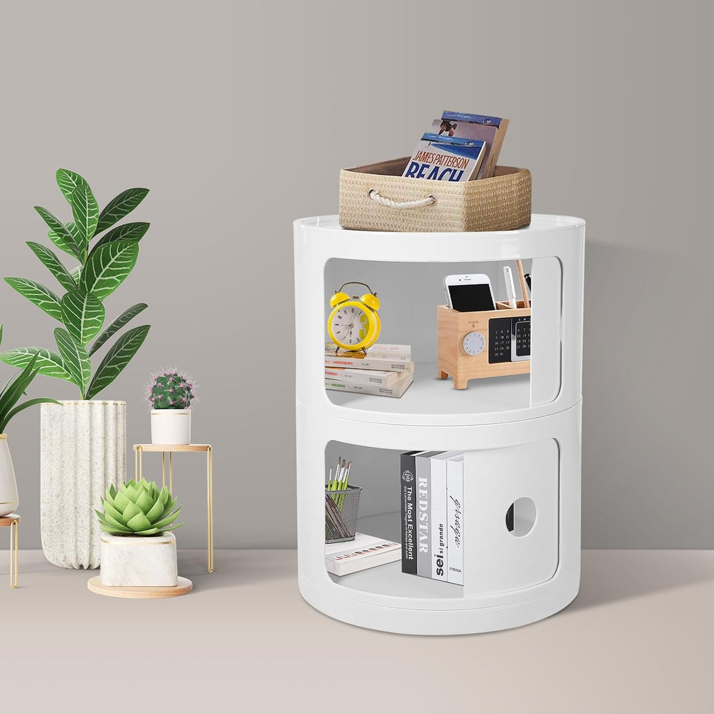 2-Tier Circular Nightstand, Round Nightstand, Circular Side Table with Drawer, Cylindrical Cabinet, ABS Sliding Doors, Modern Bedside Table for Bedroom Living Room, 12.5 Inch, 88 Lbs Capacity