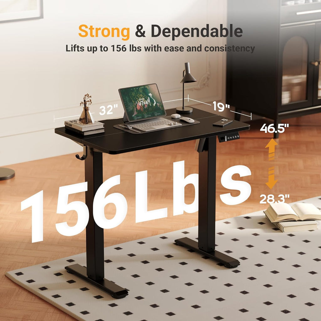 YDN 32" Small Electric Standing Desk Adjustable Height, Sit Stand up Desk with Memory Presets & Cable Management, Home Office Desk for Office & Computer Workstation, Black Frame/Black Top