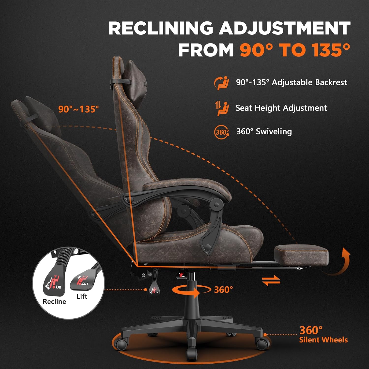 Ferghana Vintage PU Leather Gaming Chair, High Back Gamer Chair with Massage, Ergonomic Computer Office Chair with Footrest for Adults, Racing Style Reclining Video Game Chair Brown