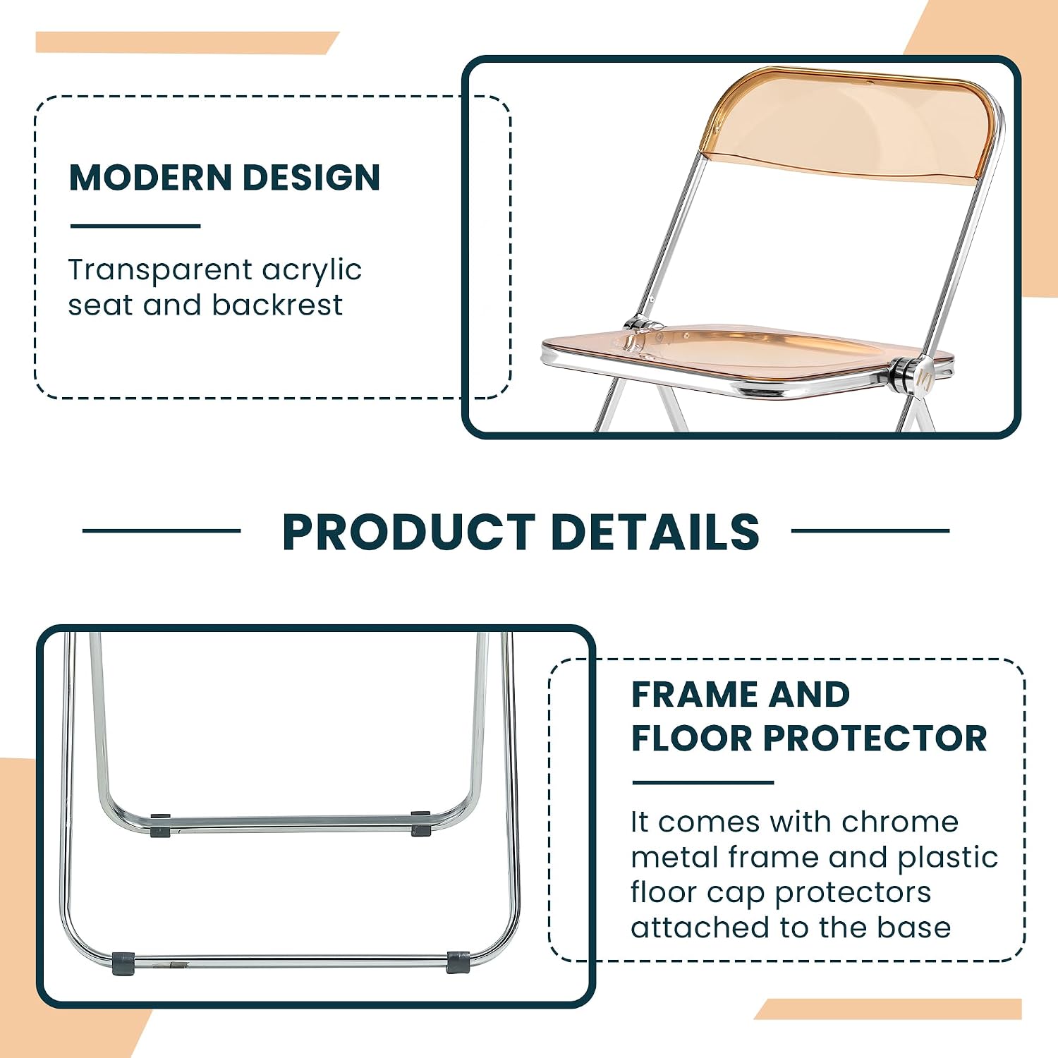 LeisureMod Lawrence Modern Clear Acrylic Folding Chair with Metal Frame, Space-Saving Transparent Seating for Dining Room, Home Office, Bedroom, Vanity or Small Spaces, (Amber, Set of 4)