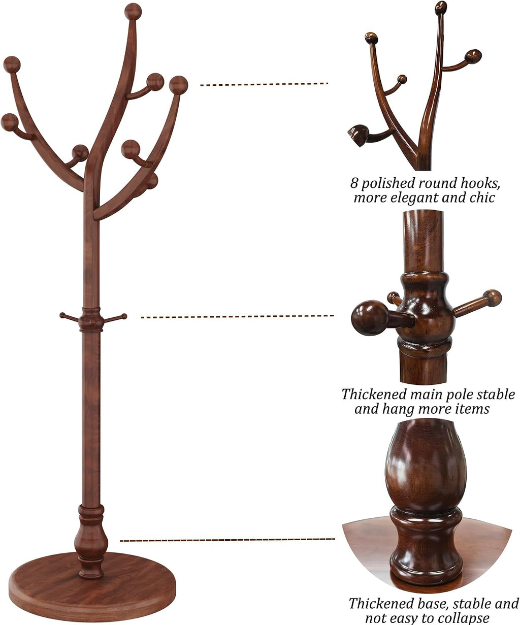 HOMEFORT Coat Rack Freestanding, Wooden Coat Tree Rack with 11 Hooks, Heavy Duty Wood Clothes Hanger with Sturdy Round Base, Vintage Coat Hat Stand for Entryway, Hallway, Bedroom,Walnut