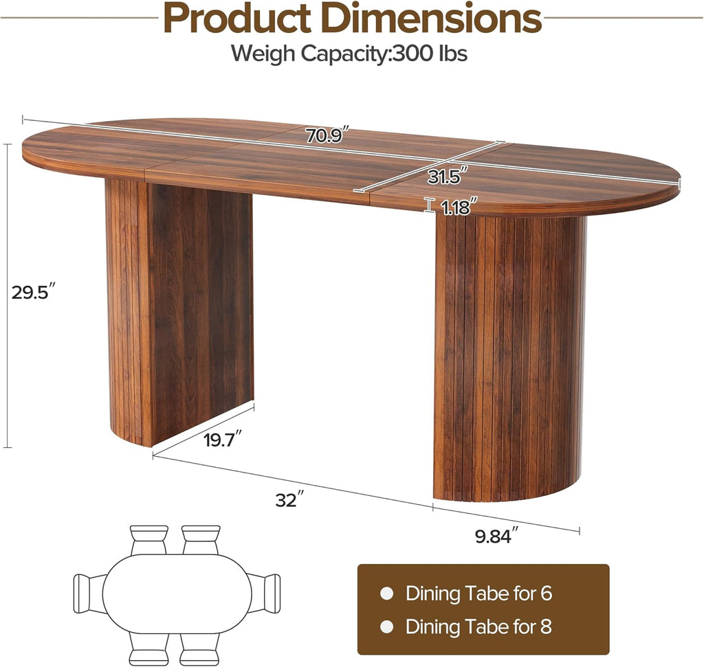 70.8" Oval Dining Table for 4-6 People, Mid-Century Modern Kitchen Table with Hidden Storage, Oval Dining Table with Fluted Tambour Doors for Dining Room, Living Room, Home Office, Walnut