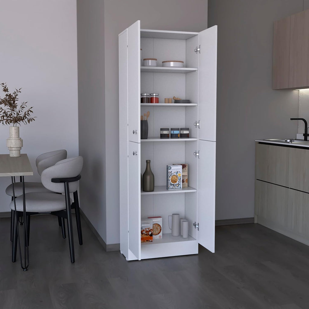 71" Tall Pantry with 4 Doors & 5 Adjustable Shelves - White - Ideal for Kitchen Storage & Laundry Room Organization
