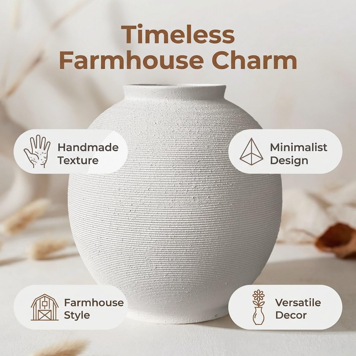 Large White Ceramic Vase, 10.8" Sandstone White | Round Rustic Table Vase, Farmhouse Style, Minimalist Hand-made, Textured, Home Decor