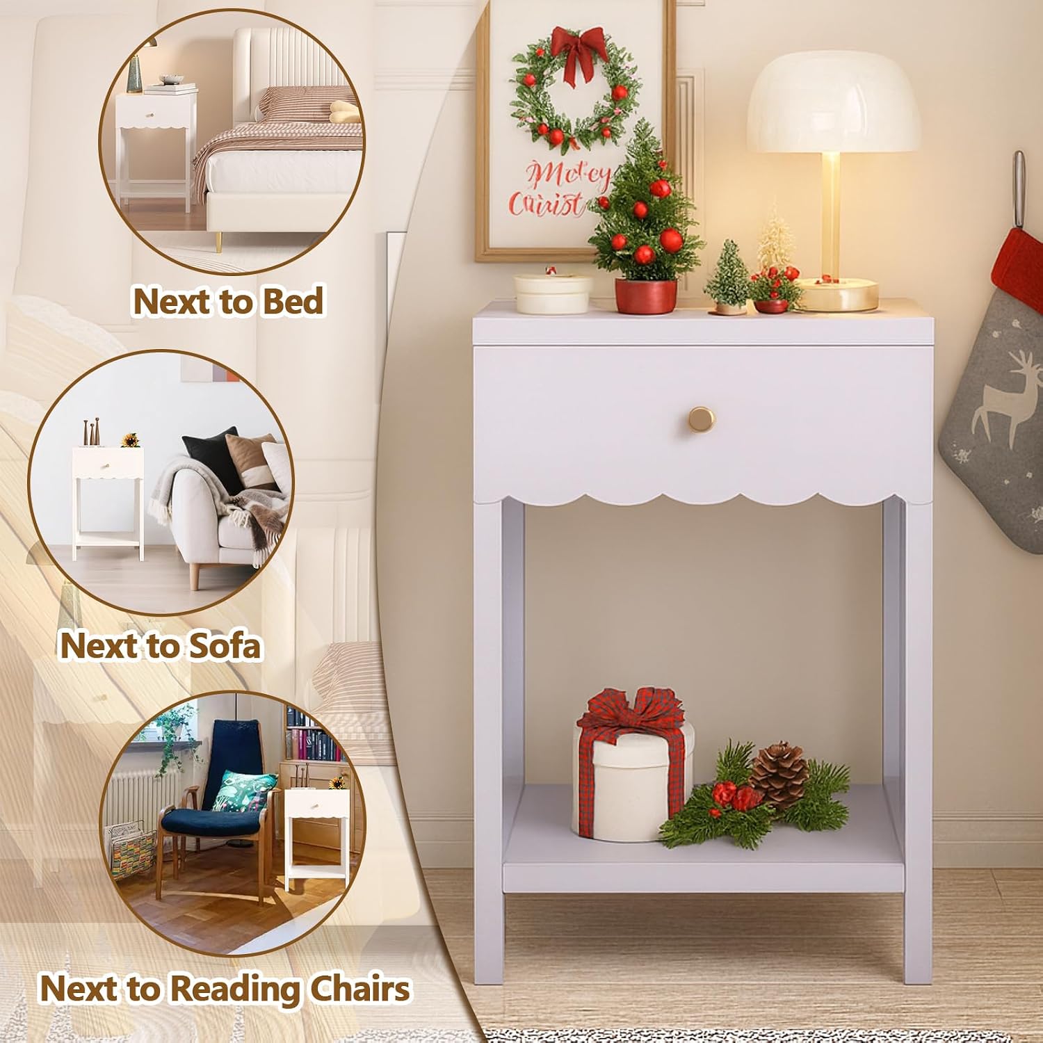 Night Stand Nightstand with Drawer and Open Storage Shelf (Light Purple) | Scalloped Edge Bedside Table for Girls, Kids, Small Side Table for Small Space Bedroom Living Room