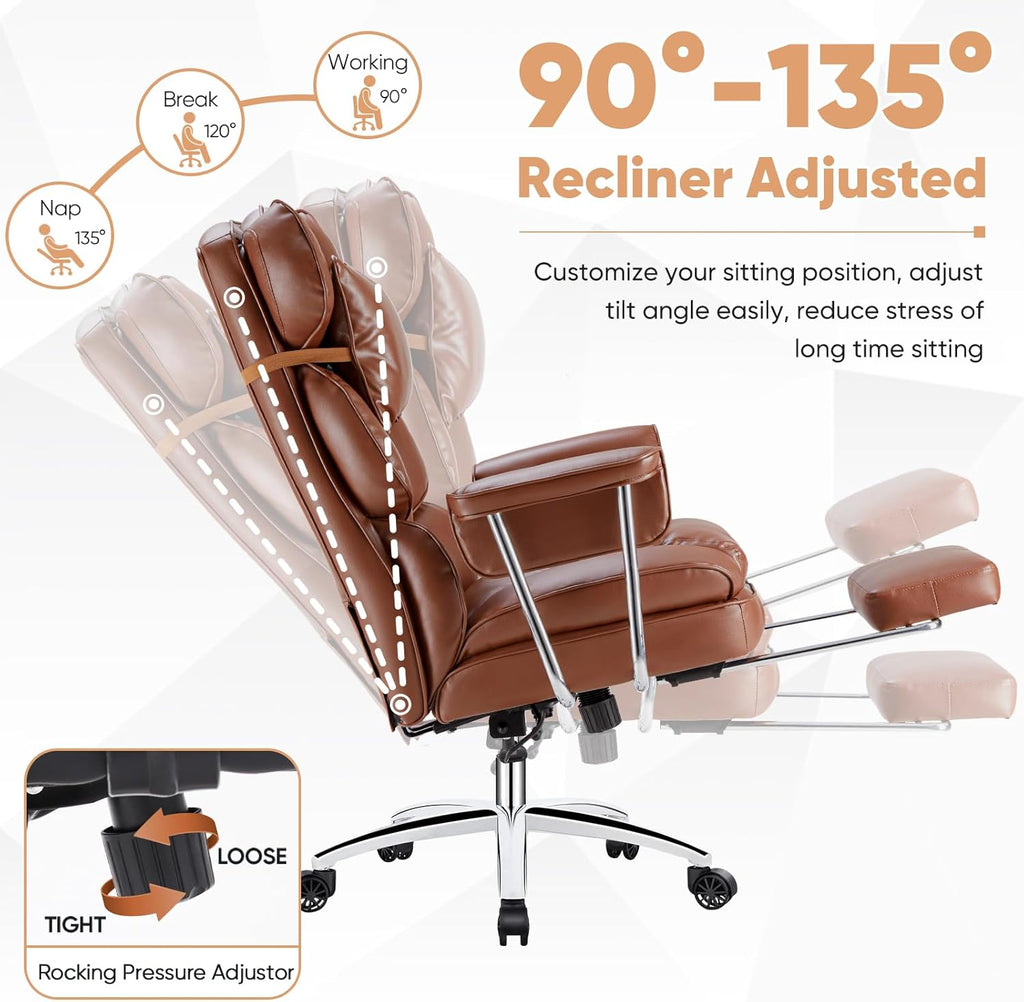 Sweetcrispy Executive Home Office Desk Chair - Ergonomic Big Tall High Back with Footrest & Lumbar Support, Reclining Height Adjustable, Comfy PU Leather Computer Gaming with Swivel Wheels, Brown