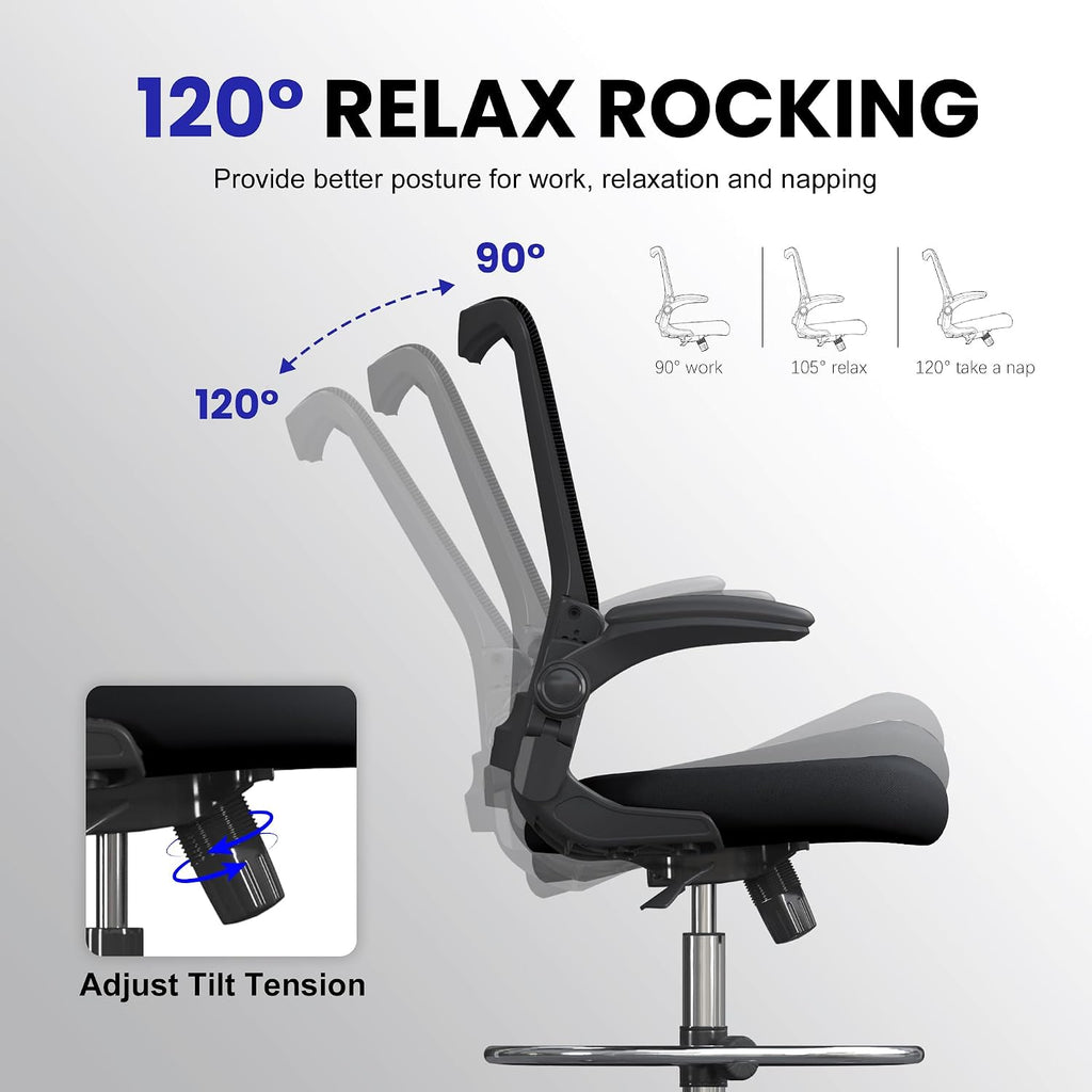 Drafting Chair Tall Office Chair for Standing Desk with Up & Down Flip-Up Armrest, 9” Adjustable Height High Desk Chair with Footrest Ring, 120° Recline Mesh Ergonomic Chair, 300 lbs
