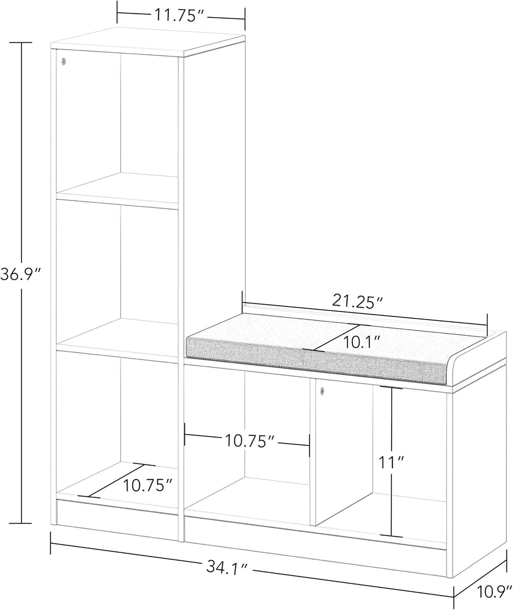 RiverRidge Kids Toy Storage Organizer Bench with 5 Cubby Spots, 2 Gray Fabric Bins & Cushioned Seat for Book Nook Playroom Storage