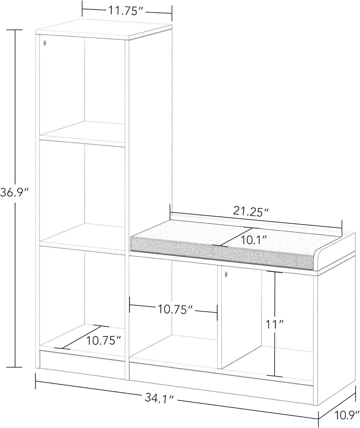 RiverRidge Kids Toy Storage Organizer Bench with 5 Cubby Spots, 2 Gray Fabric Bins & Cushioned Seat for Book Nook Playroom Storage