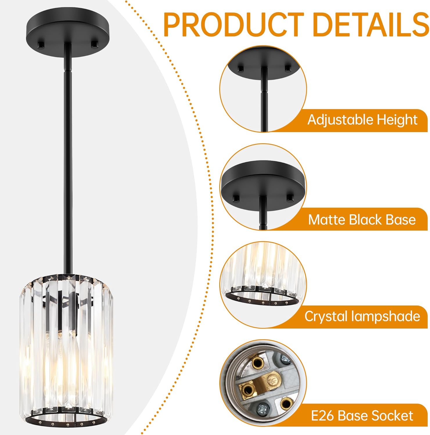 Black Pendant Light, Modern Crystal Pendant Lights Kitchen Island, Kitchen Island Lighting with Adjustable Height, UL Certified Island Lights for Kitchen Dining Room Bedroom Hallway 3 Pack
