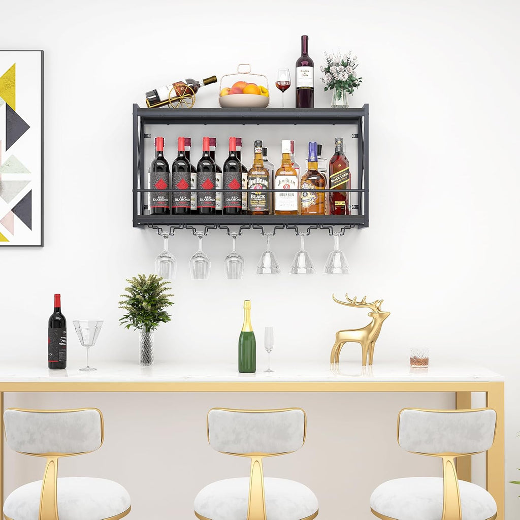 Dokser Wine Rack Wall Mounted Shelf - 2 Tier, Rustic Wood & Industrial Iron Frame Wine Bottle Holder for Kitchen, Dining Room, Home Bar Decor (Black)