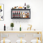Dokser Wine Rack Wall Mounted Shelf - 2 Tier, Rustic Wood & Industrial Iron Frame Wine Bottle Holder for Kitchen, Dining Room, Home Bar Decor (Black)
