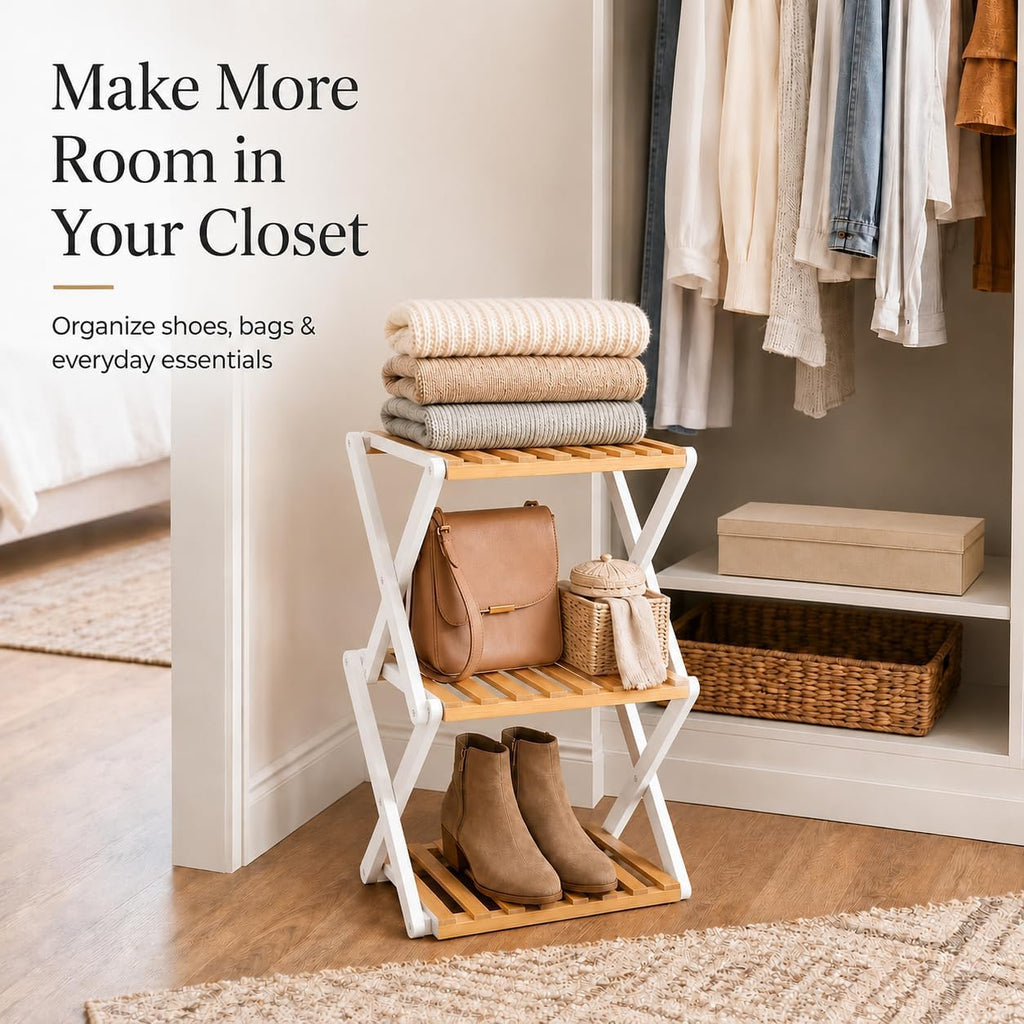 Foldable Bamboo Shoe Rack, 3-Tier Vertical Shoe Organizer for Small Spaces, Narrow Multifunctional Folding Shelf for Entryway, Closet, Bedroom, Hallway, Outdoor Camping & Plant Display-White