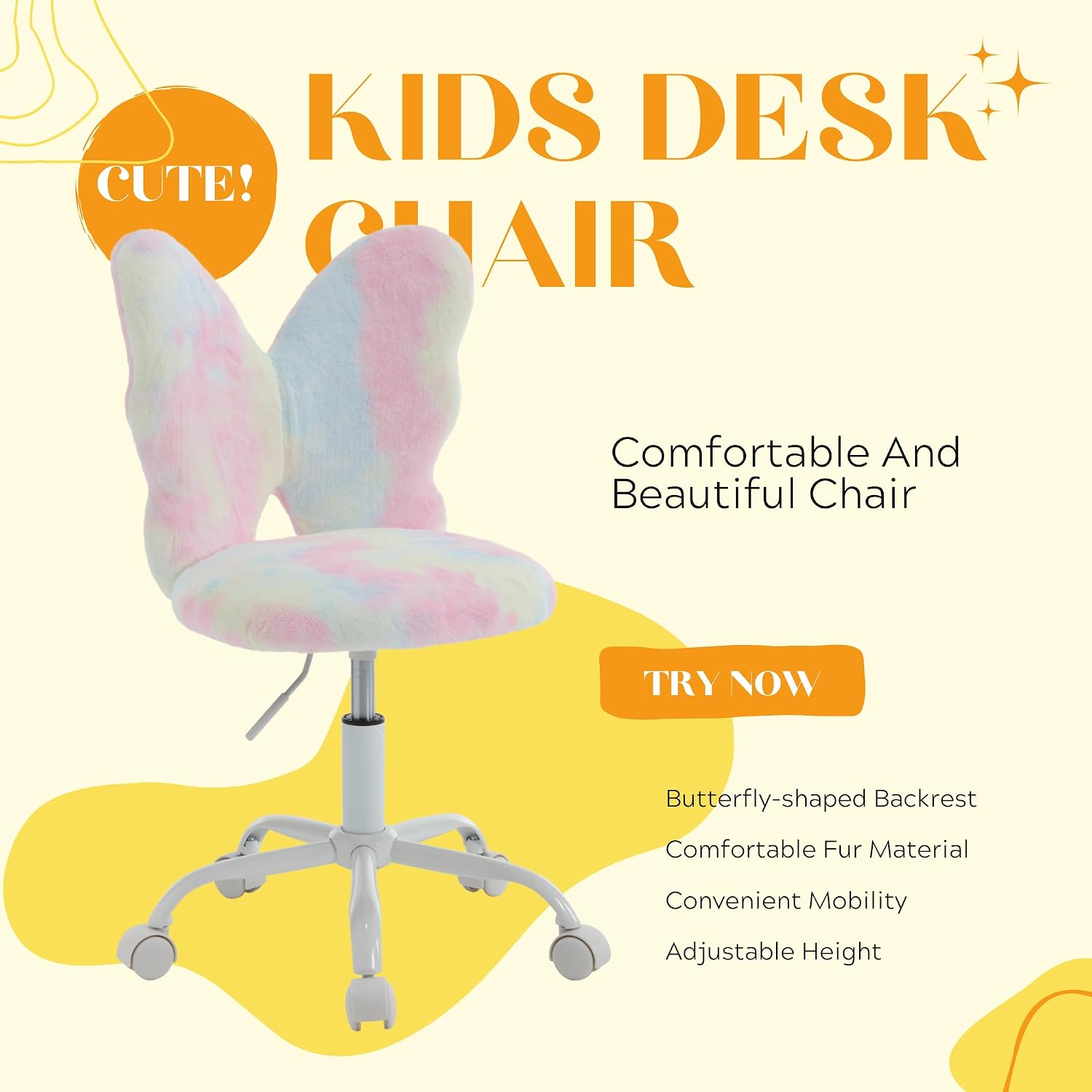 Kmax Kids Desk Chair, Faux Fur Butterfly Chair with Wheels Adjustable Cute Swivel Kids Office Chair for Bedroom Reading Room - Colorful