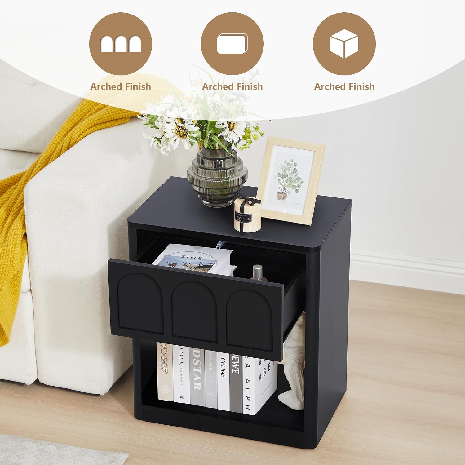 Wood Nightstand, 19.69" Wide Bedside Table with Arched Finish, Modern Night Stands with Curved Profile, Mid Century End Table for Bedroom Living Room (Black)