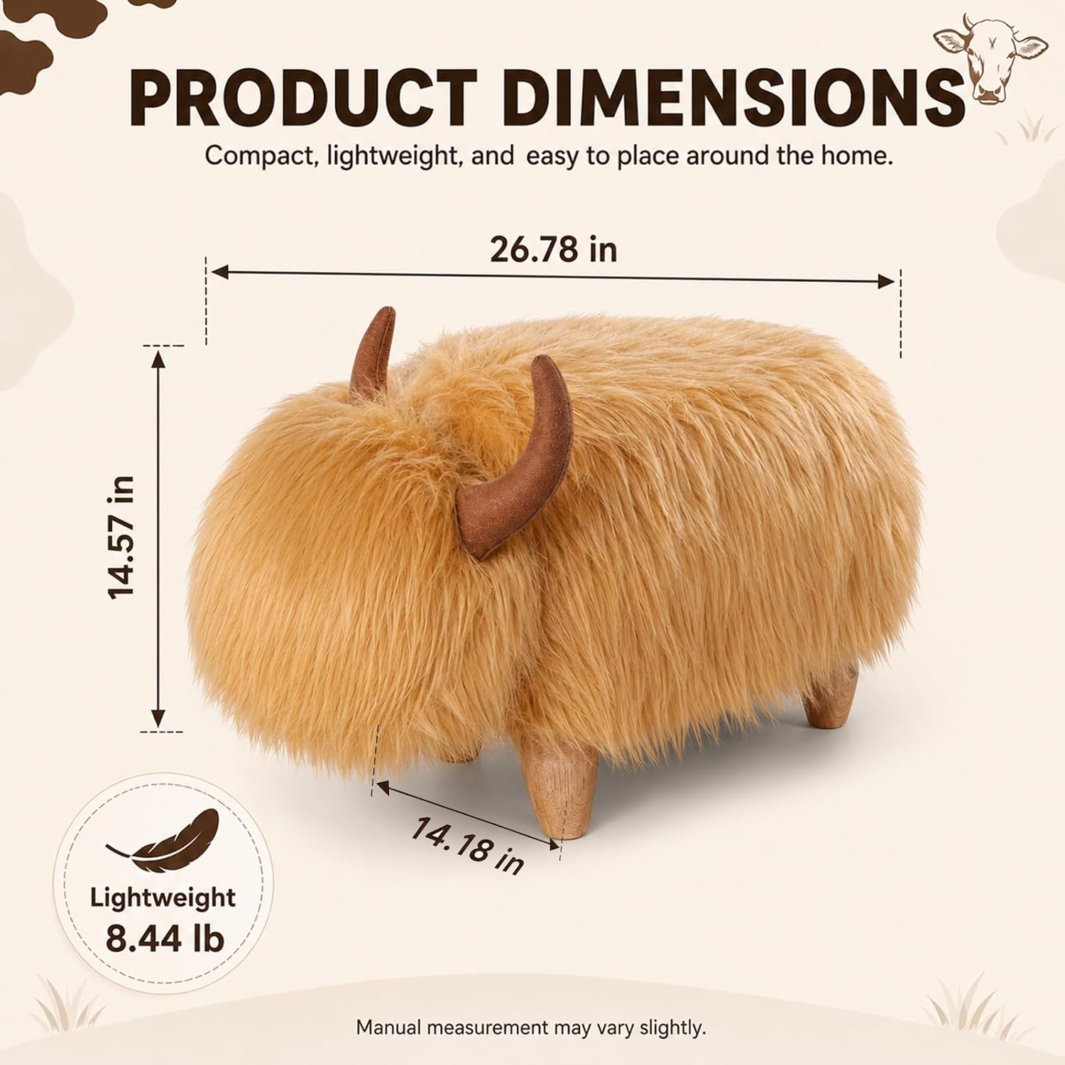 Cow Storage Ottoman, Shorthorn Dairy Cow Footstool with Storage, Animal Shaped Stool with Wooden Legs, Faux Suede Foot Rest for Living Room, Kids Bedroom Nursery Seat (Brown1)
