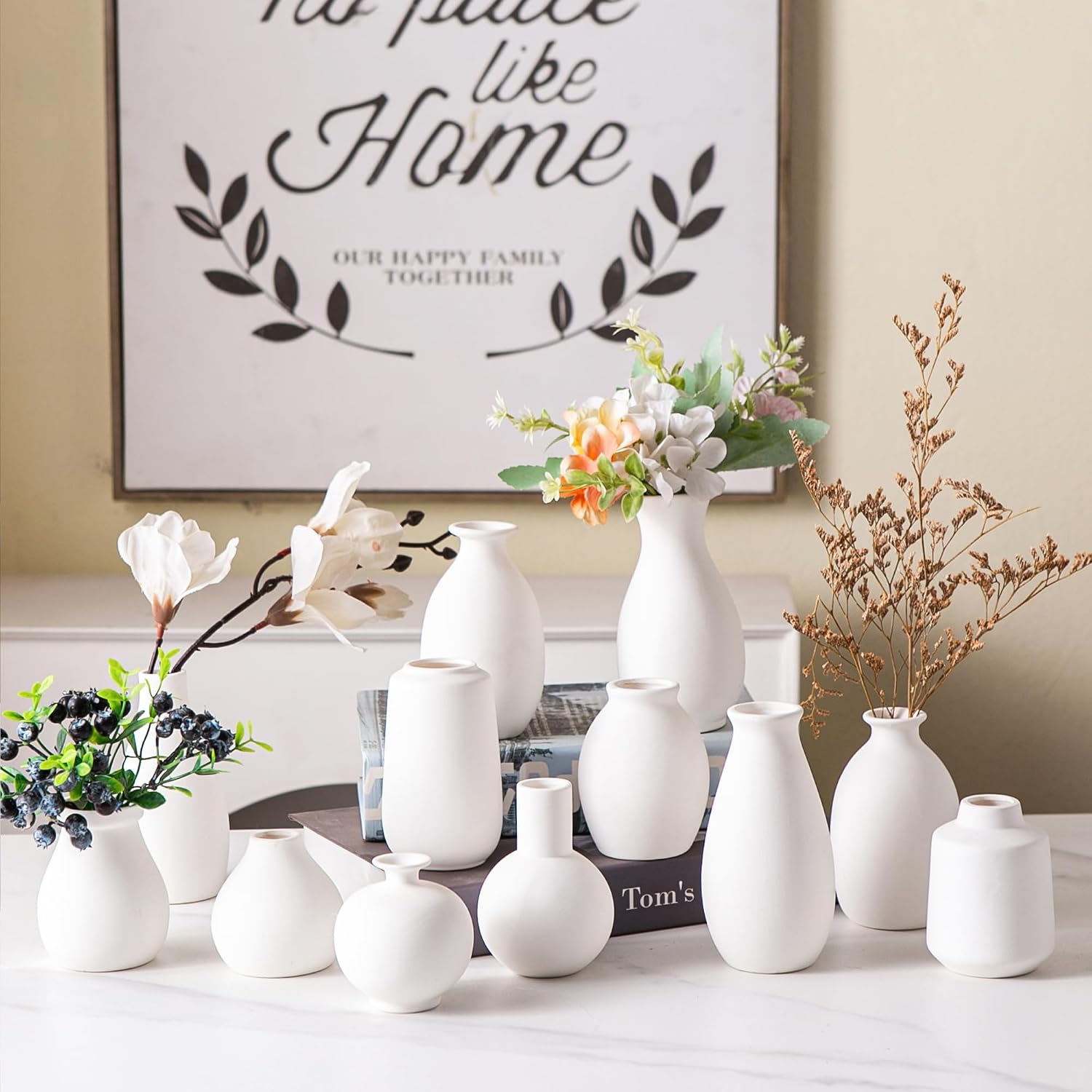 Ceramic Bud Vase Set of 12, White Small Vases | Mini single stem vases for flowers, wedding centerpieces, dining table, shelf display, modern decor accents
