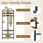 GiftGo Corner Hall Tree with Shoe Bench Entryway Coat Rack with 10 Metal Movable Hooks Floor Standing Clothes Rack Shoes Shelf Organizer for Home Office Bedroom (Rustic Brown)