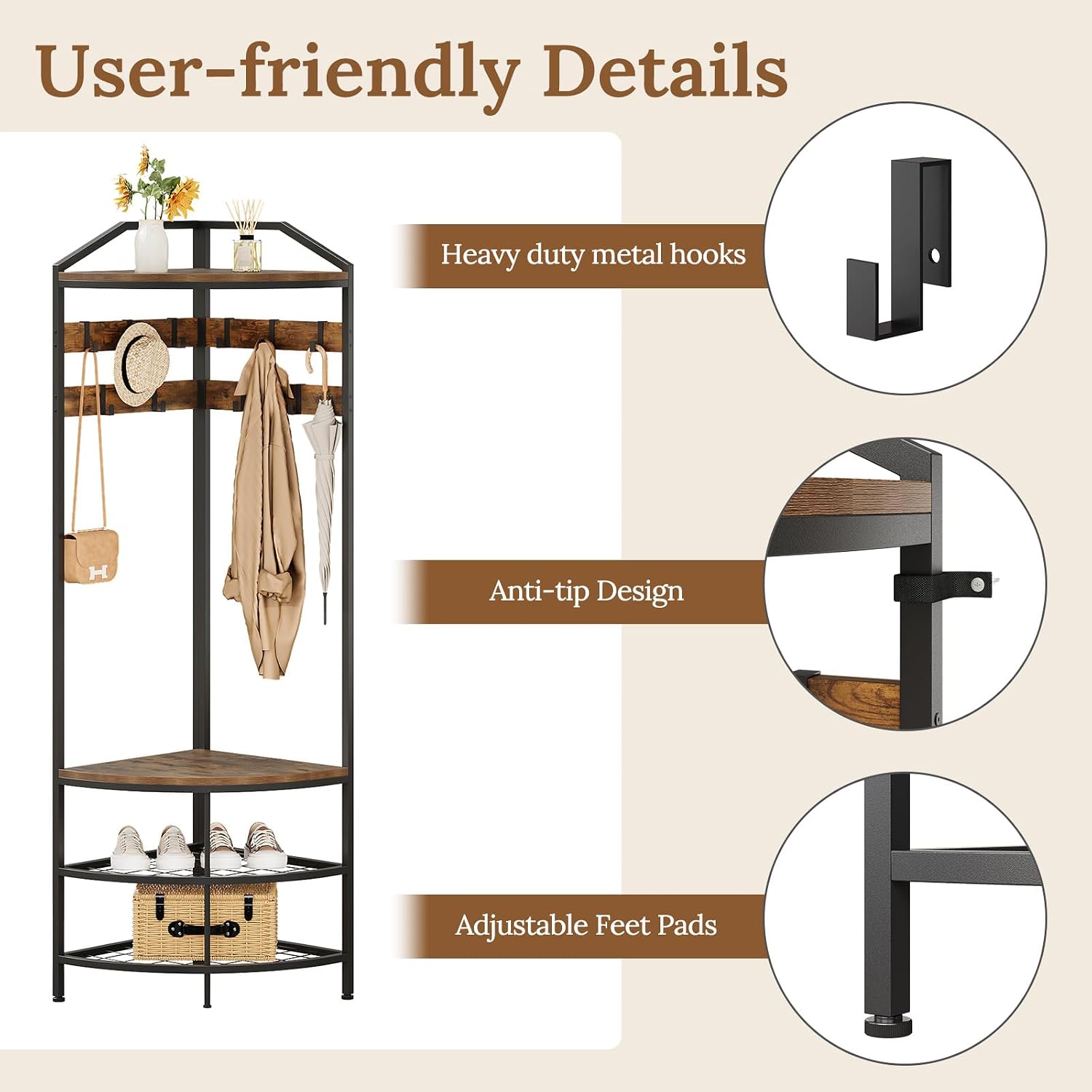 GiftGo Corner Hall Tree with Shoe Bench Entryway Coat Rack with 10 Metal Movable Hooks Floor Standing Clothes Rack Shoes Shelf Organizer for Home Office Bedroom (Rustic Brown)