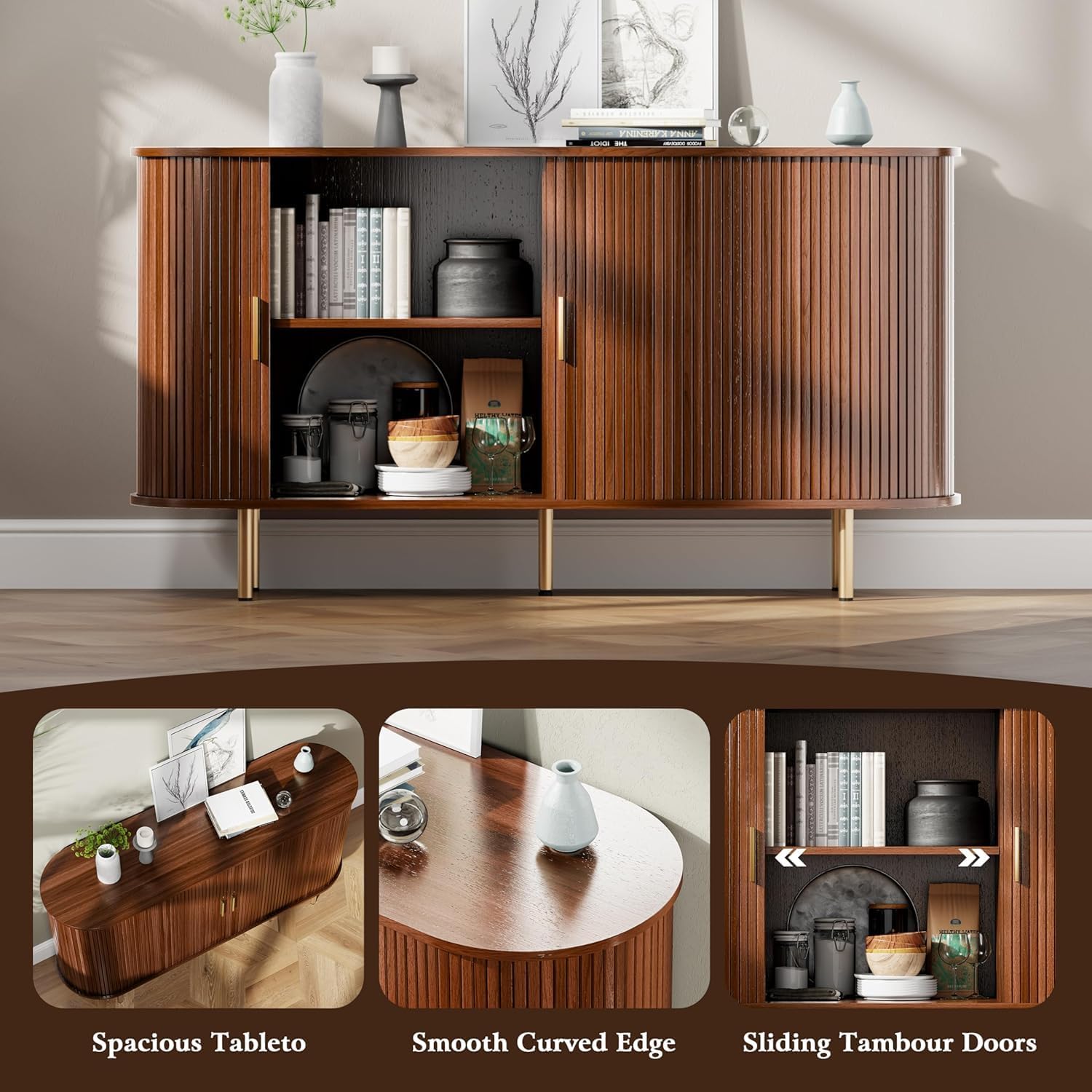 Sideboard Buffet Cabinet with Storage, 55 Inch Mid Century Modern Fluted Credenza with Sliding Door & Adjustable Shelf, Coffee Bar Cabinet for Kitchen, Living Room, Entryway
