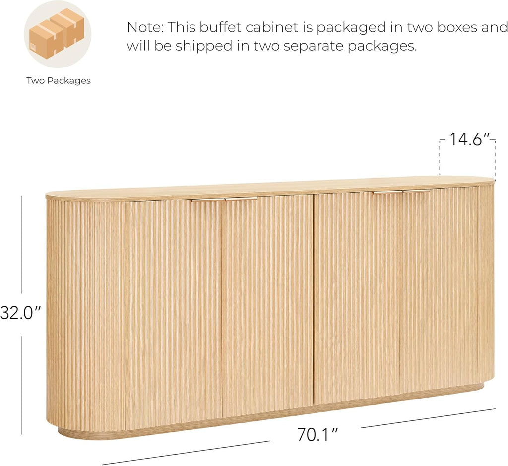 CHITA 70" Sideboard Buffet Cabinet with Storage, Fluted Cabinet with Doors and Adjustable Shelves, Media Console for Living Room, 32" H,Oak
