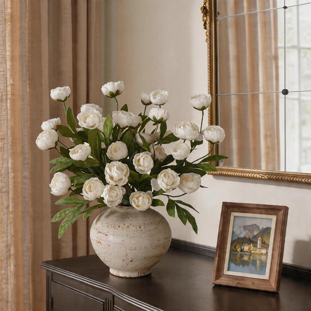 Juxdp 6 PCS Artificial Peony Branches for Vase - 27" Fake Silk Peonies Stems Look Real Faux Flowers for DIY Bouquet, Table Centerpieces, Farmhouse, Home Decor (Cream)