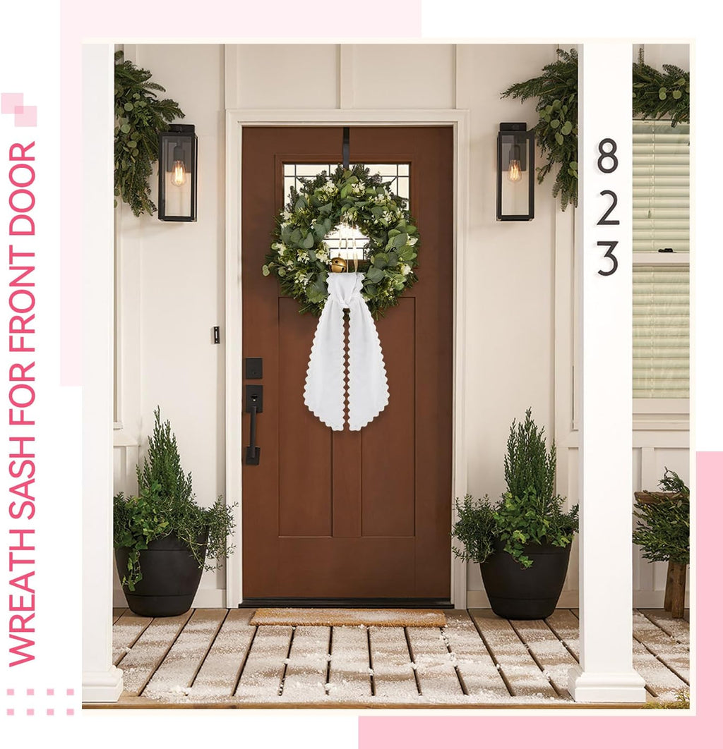2 Pcs Scalloped Wreath Sash for Front Door Ruffle Wreath Ribbon for Yard Porch Garland Home Decor(White)