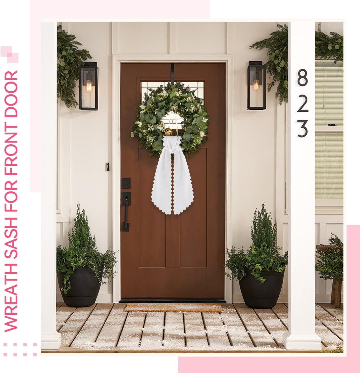 2 Pcs Scalloped Wreath Sash for Front Door Ruffle Wreath Ribbon for Yard Porch Garland Home Decor(White)