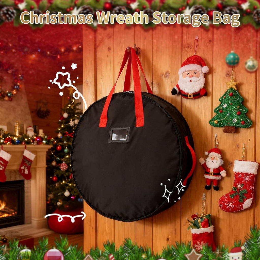 Wreath Storage Bag 24", Christmas Hanging Wreath Storage Container,Heavy-Duty Carrying Handles, Artificial Door Wreaths or Holiday Ornament Organziers,Black