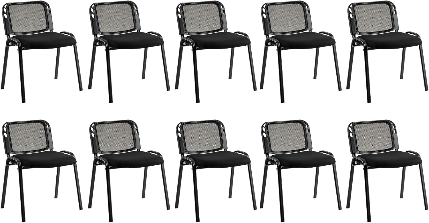 Tangkula Set of 10 Waiting Room Chairs, Stackable Reception Guest with Mesh Backrest, Waterfall Seat, Metal Frame & Carrying Handles, Office Desk Meeting Room Chairs for Lobby, Black