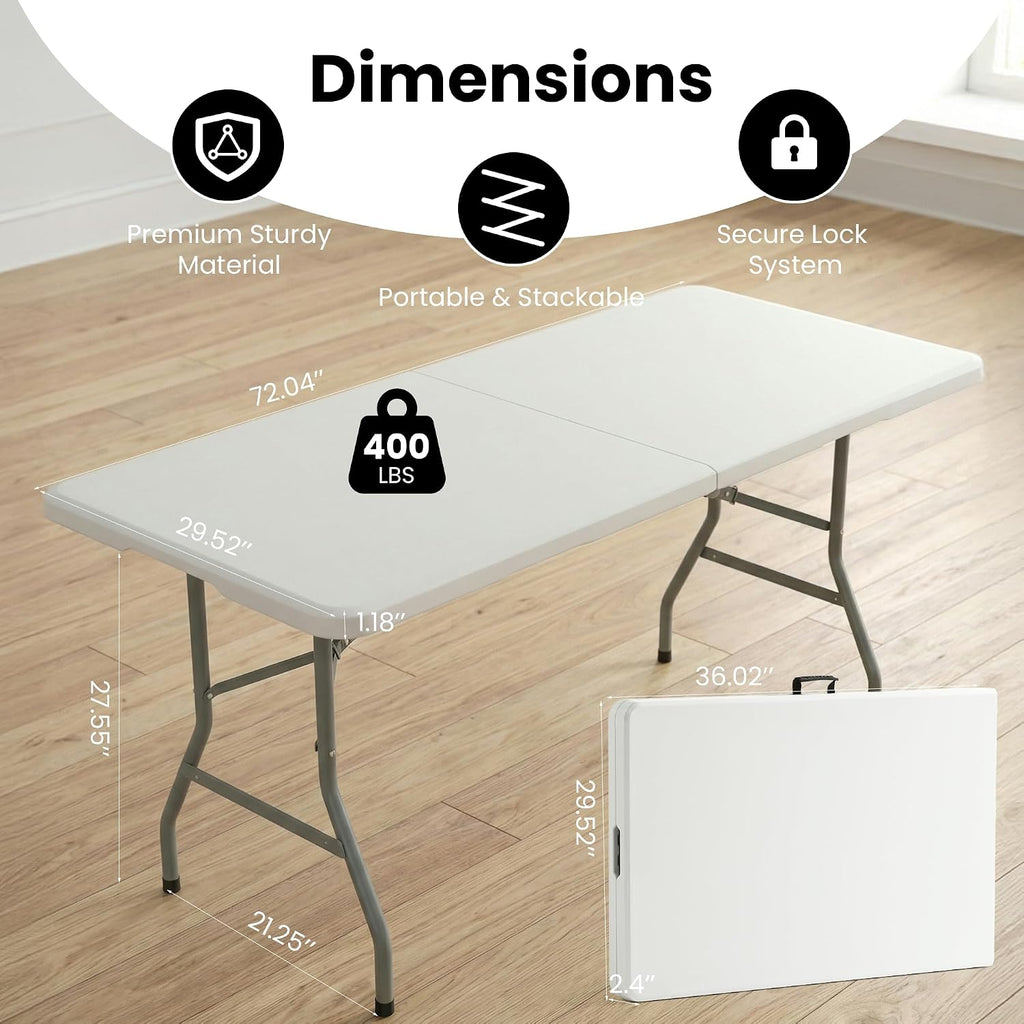 5 Pack of 6 Foot Foldable Table with Built in Handle & Steel Legs, 6FT Portable Heavy Duty Plastic Folding Tables for Parties, Dining, Wedding, Events, Picnic, Indoor & Outdoor, Camping, Utility