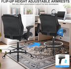Office Drafting Chair, Tall Desk Chair with Adjustable Armrests and Footrest Ring PU Leather Standing Desk Chair with Extra Thicken Seat Cushion, Comfy High Office Chair for Counter Height Desk, Black