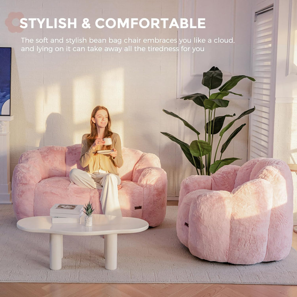 MAXYOYO Bean Bag Chair for Adults, Floral Shaped Bean Bag Sofa | Ultra Soft Faux Fur Floor Sofa, Large Reading Chair for Living Room Bedroom, Pink, Double