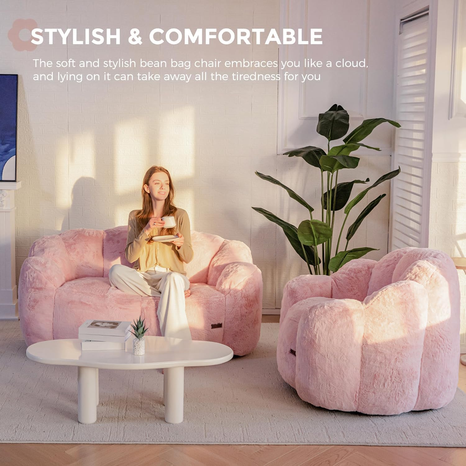 MAXYOYO Bean Bag Chair for Adults, Floral Shaped Bean Bag Sofa | Ultra Soft Faux Fur Floor Sofa, Large Reading Chair for Living Room Bedroom, Pink, Double